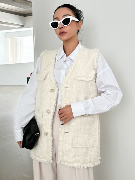 Beige Casual Collar Sleeveless Tweed Plain Vest Embellished Non-Stretch  Women Clothing Tweed Gilet Outfit Women, Tweed Vest Outfit, Tweed Vest Outfit Women, Gilet Outfit Women, Tweed Gilet, White Vest Outfit, Vest Outfit Women, Vest Street Style, Casual Office Style