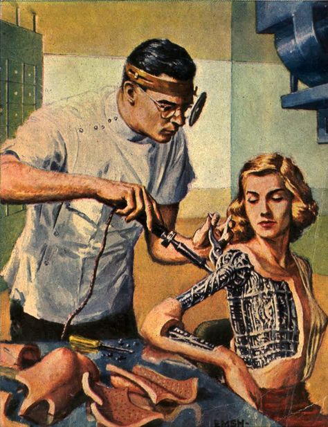 Ed Emshwiller (Emsh)'s cover art for the September 1954 issue of Galaxy Science Fiction, entitled "Robots Repaired While U Wait." Pop Art Vintage, Atomic Age, Pulp Art, Science Fiction Art, Ex Machina, Retro Futuristic, Arte Horror, Retro Futurism, Dieselpunk