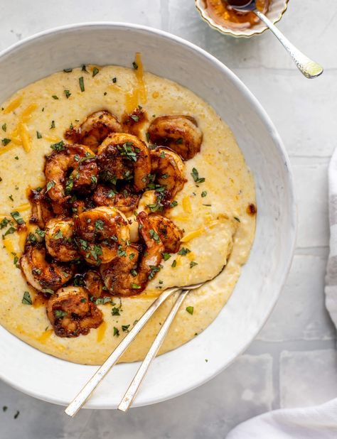 Honey Mustard Cajun Shrimp and Grits - Honey Mustard Cajun Shrimp Cheddar Grits, Instant Grits, Cajun Shrimp And Grits, How To Cook Grits, Salad Rolls, Lent Recipes, Shrimp And Grits, Shrimp N Grits, Cajun Shrimp