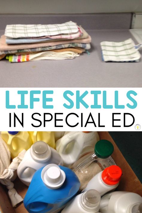 Do you teach life skills in your special education classroom? We used our instructional kitchen to work on basic functional life skills like putting away groceries, sorting silverware, and folding hand towels. These types of centers are such a perfect addition to your academic curriculum. #lifeskills #specialeducation Vocational Tasks, Life Skills Curriculum, Life Skills Class, Functional Life Skills, Life Skills Lessons, Vocational Skills, Life Skills Classroom, Teaching Life Skills, Special Education Activities