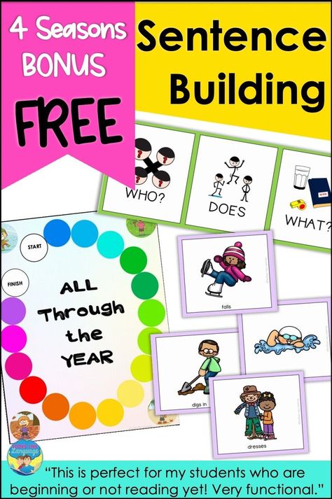 Help your students learn to build WHO-DOES-WHAT sentences with this free, fun activity bonus set. It includes picture cards for all 4 seasons, game boards, printables, worksheets, and a board game. Great for k-1, speech therapy, special education, and homeschooling. FREE! Click to download. Sentence Building Worksheets, Sentence Building Activities, Life Skills Curriculum, Sentence Building, Teacher Freebies, Speech Therapy Resources, Shapes Activities, Language Resources, Speech Language Pathology