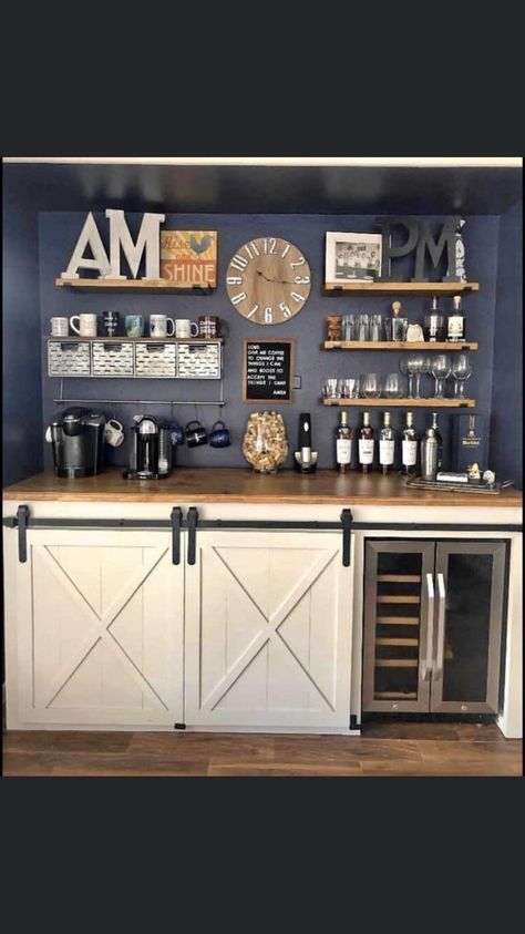 Wine Bar With Barn Doors, Am Pm Bar Ideas For Home, Drink And Coffee Bar, Cocktail And Coffee Bar, Am Pm Bar Ideas, Am Pm Bar, Coffee And Cocktail Bar Ideas, Coffee And Liquor Bar Ideas, Am Pm Coffee Wine Bar