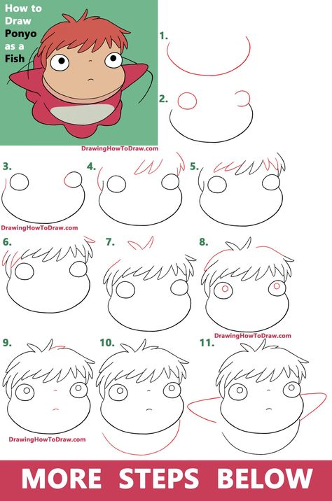 Ponyo Simple Drawing, How To Draw Ponyo Studio Ghibli, Studio Ghibli Characters Drawing, Drawing Ideas Studio Ghibli, How To Draw Ghibli Characters, Ponyo Drawings Studio Ghibli, Studio Ghibli Doodle Art, Ponyo Ghibli Drawing, Gibli Studio Drawing