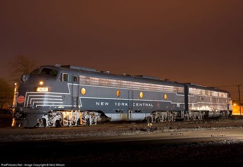 New York central railroad | A pair of New York Central E8As pose for a night shoot | Facebook Night Shoot, New York Central Railroad, New York Central, Night Shot, Diesel Locomotive, Special Thanks, Train, New York