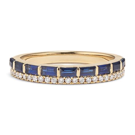 Natural diamonds and traditional blue sapphires come together in this must-have addition to your ring stack. Crafted in 14-karat yellow gold  this design is a timeless look that will remain popular for years to come. Wedding Stack With Emerald, Sapphire Push Present, Sapphire Band Stackable, Sapphire Baguette Band, Blue Sapphire And Diamond Ring, Sapphire Stacking Rings, Sapphire And Gold Ring, Colourful Wedding Band, Sapphire Wedding Band Stack