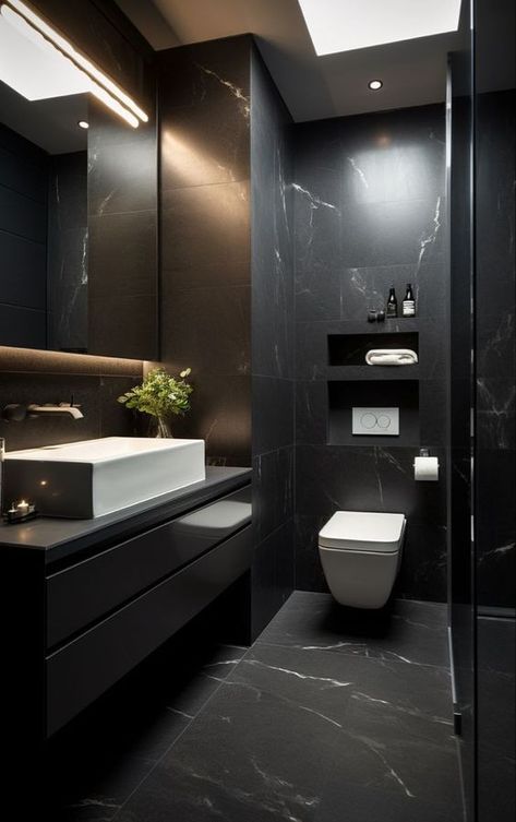 @DecorDreamscapeInterior White And Black Small Bathroom Ideas, Bathroom Ideas Black Tiles, Modern Bathroom Design Minimalist, Black Tiles In Bathroom, Black Matt Bathroom, Black Tiles Bathroom Ideas, Minimalistic Bathroom Ideas, Dark Minimalist Bathroom, Restroom Design Home