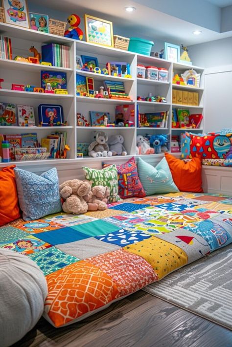 Colorful Playroom Design, Grandparent Playroom Ideas, Playroom Living Room Ideas, Girl Playroom Ideas, Home Sensory Room, Playing Room Design, Boho Kids Playroom, Boho Playroom Ideas, Girls Playroom Ideas