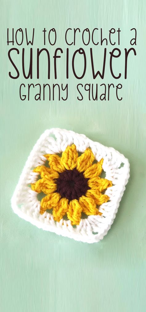 Sunflower Granny Square (free crochet pattern) Sunflower Crochet Pattern Blanket, Grannies Square Pattern, Granny Square Sunflower Crochet Pattern, Sunflower Granny Square Pattern Diagram, Sunflower Crochet Granny Square Tutorial, Easy Sunflower Granny Square Crochet, Sunflower Blanket Crochet Pattern Free, Free Crochet Sunflower Granny Square Pattern, Small Sunflower Granny Square