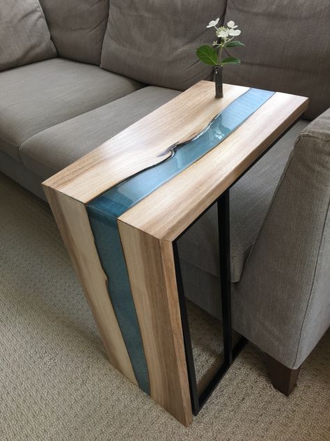 Waterfall Epoxy Table, Easy Wood Furniture Diy, Epoxy And Wood Projects, Wood And Epoxy Projects, Epoxy Nightstand, Wood And Resin Table, Epoxy Side Table, Epoxy Decor, Epoxy Furniture