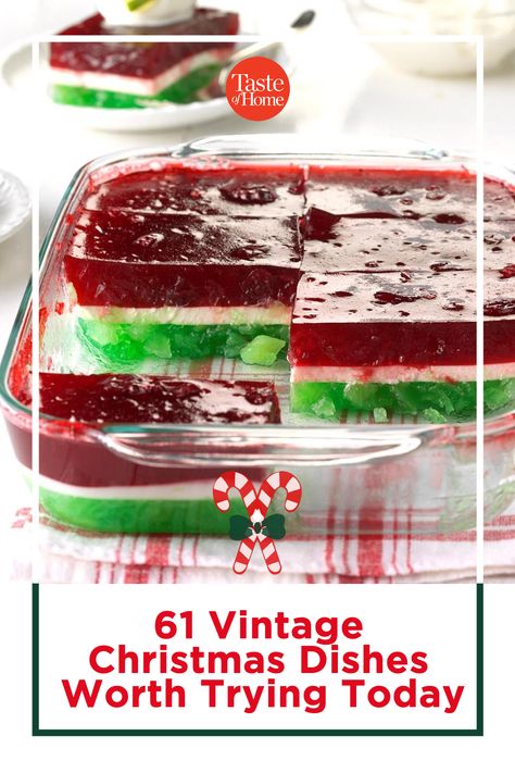 61 Vintage Christmas Dishes Worth Trying Today Paula Deen Christmas Recipes, Taste Of Home Christmas Recipes, Christmas Jello Desserts, Christmas Jello Salad Recipes, Southern Living Christmas Recipes, Vintage Christmas Dishes, Pot Luck Dishes For A Crowd Christmas, Retro Christmas Food, Retro Christmas Recipes