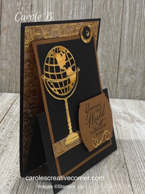 Make this sample easel Stampin Up card using the Beautiful World bundle, new brass foil and Cinnamon Cider in-color! This is the perfect Stampin Up card idea for adventure lovers!  #stampinup #cardmaking #handmadecard #rubberstamps #stamping Beautiful World Stampin Up Cards, Stampin Up Beautiful World, Stampin Up Card Ideas, Stampin Up 2020 2021, Birthday Card Ideas, Stampin Up Card, Fun Folds, Masculine Birthday Cards, Travel Cards