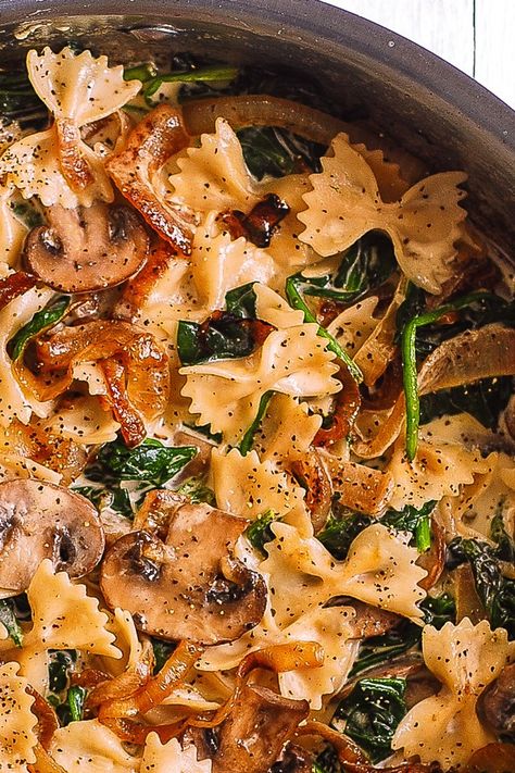 Farfalle with Spinach, Mushrooms, Caramelized Onions Bow Tie Pasta With Spinach, Creamy Bow Tie Pasta, Pasta Farfalle, Pasta With Mushrooms, Mushrooms And Spinach, Pasta With Spinach, Bow Tie Pasta, Bowtie Pasta, Pasta Dinners