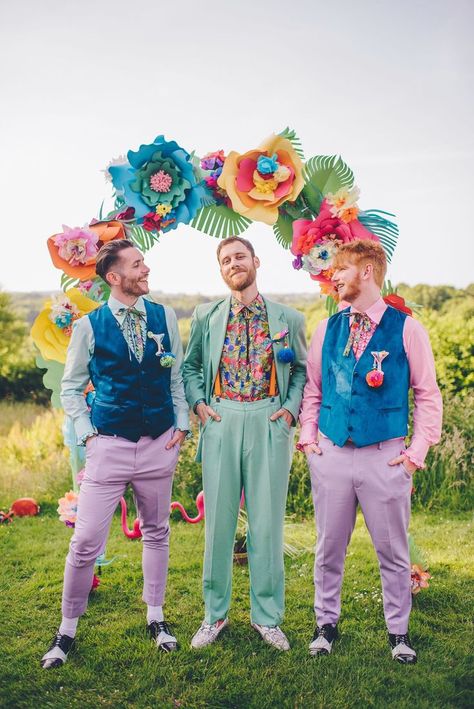 Colorful Urban Wedding, Rainbow Wedding Groomsmen, White Wedding Dress With Colored Accents, Colorful Groom Attire, Quirky Wedding Guest Outfits, Pastel Outfit Men Formal, Eclectic Bridal Party, Colorful Wedding Outfit, Funky Wedding Flowers