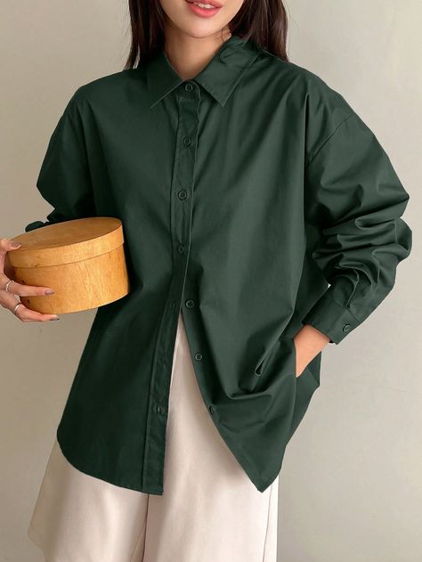 Dark Green Casual Collar Long Sleeve Fabric Plain Shirt Embellished Non-Stretch Spring/Fall Women Clothing Brown Baggy Shirt Outfit, Brown Button Up, Brown Oversized Shirt Outfit, Brown Shirt Outfits Women, Brown Shirt Outfit Aesthetic, Brown Button Down Shirt Outfit, Brown Shirt For Women, Brown Button Up Shirt Outfit, Oversize Shirts For Women