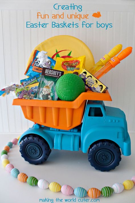 Creating cute and unique Easter Baskets for Boys, this dump truck one is so cute! My boys would LOVE it! #HersheysEaster #ad Easter Basket Alternatives, Homemade Easter Baskets, Toddler Boy Easter, Unique Easter Baskets, Fun Easter Baskets, Creative Easter Baskets, Boys Easter Basket, Books Stickers, 1st Easter