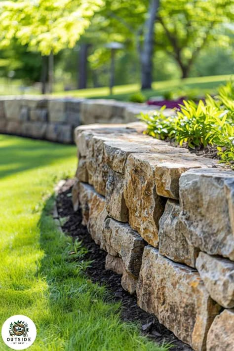 25 Beautiful Ways to Add a Retaining Wall to Your Sloped Yard Stone Retaining Wall Ideas Hillside, Stacked Stone Retaining Wall, Landscaping Sidewalk, Wooden Retaining Wall, Sloped Front Yard, Small Retaining Wall, Natural Stone Retaining Wall, House Steps, Plant Beds