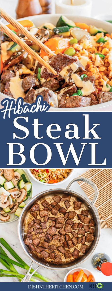 Hibachi Steak is a one pan dinner featuring juicy bites of perfectly seared steak and tender stir fried vegetables the whole family will love. Serve it alongside a portion of flavourful fried rice for an easy weeknight dinner. Steak Bites And Rice, Hibachi Steak Bowls, Habatchi Recipes Hibachi Steak, Steak And Rice Recipes, Steak Bowls, Steak Stirfry Recipes, Stir Fried Vegetables, Hibachi Steak, Asian Steak