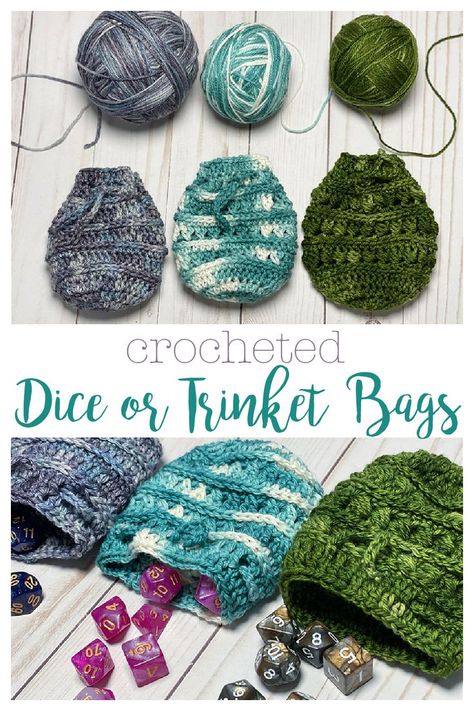 Small crocheted drawstring bags to hold dice, trinkets, or any small items you want. 3 different stitch patterns to choose from. Crochet Polyhedral Dice, Free Crochet Patterns For Small Pouches, Dice Pouch Crochet Pattern, Crochet Drawstring Bag Pattern Free Small, Small Crochet Drawstring Bag, Free Small Crochet Projects, Small And Quick Crochet Projects, Easy To Sell Crochet Items, Small Quick Crochet Gifts