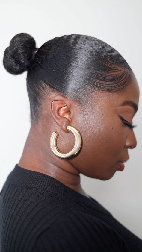 Sleek Back Bun Black Women, No Part Bun, No Part Slick Back Bun, Sleek Bun Black Women, No Part Slick Back, Slick Back Bun Natural Hair, Ponytails Ideas, Conceptual Shoot, Afro Hair Bun