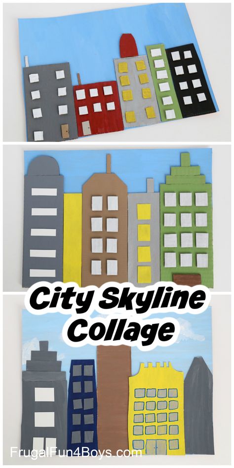 Use cardboard and paint to make a city skyline collage. Awesome art project for kids! Preschool City Theme, New York Crafts For Kids, City Crafts For Kids, Vehicles Birthday Party, Kids Vehicles, Us Army Vehicles, City Craft, Art And Craft For Kids, 1st Grade Crafts