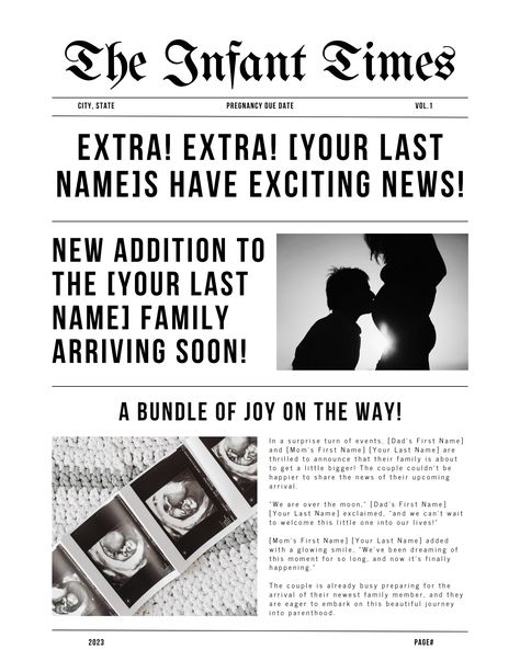 Announce Your Baby's Arrival with Our Customizable Vintage Newspaper Template - Perfect for Print, Social Media, and Keepsakes Maternity Shoot Newspaper, Newspaper Pregnancy Photoshoot, Pregnancy Newspaper Announcement, Newspaper Baby Announcement, Newspaper Pregnancy Announcement, Unique Pregnancy Announcement Families, Vintage Newspaper Template, Journal D'inspiration, Pregnancy Due Date