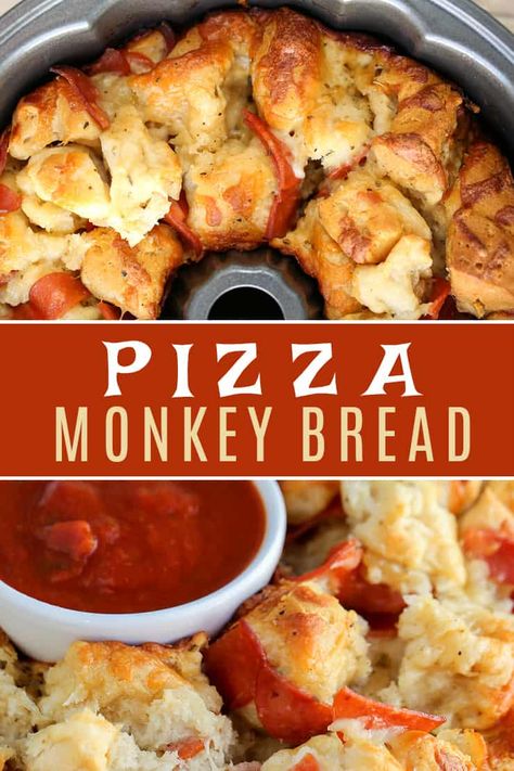 This easy Pizza Monkey Bread is stuffed with pepperoni, mozzarella cheese, and garlic all in a Bundt pan. If you love pizza, you'll love this pull-apart pizza made with refrigerated biscuits. #monkeybread #pizzabread #pizzamonkeybread Pull Apart Recipes, Bundt Pan Recipes, Pizza Monkey Bread, Diet Pizza, Pull Apart Pizza, Pizza Vegana, Fingerfood Party, Pizza Casserole, Craving Pizza