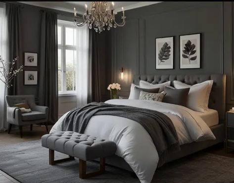 15 Stunning Gray Bedroom Ideas - NEKIG :COASTALCHARM BLOG Dark Gray And Cream Bedroom, Bedroom With Dark Grey Furniture, Dark Grey Headboard Bedroom Ideas Cozy, Guest Bedroom Gray Headboard, Master Bedrooms Dark Gray Walls, Gray Sheets Bedroom Ideas, Bedroom Design Grey Walls, Dark Grey Bedroom Decor, Dark Grey And White Bedroom