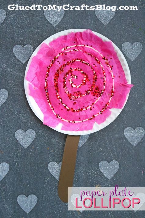 Paper Plate Lollipop - Valentine's Day Kid Craft Idea #kidcrafts #gluedtomycrafts #valentinesday #kidcraftidea Candyland Crafts For Preschoolers, Cotton Candy Crafts For Kids, Candy Land Crafts For Kids, Candyland Crafts For Kids, Pink Crafts For Preschoolers, Lollipop Template, Valentine Crafts For Toddlers, Letter L Crafts, Lollipop Craft