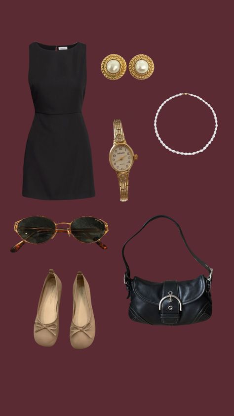 mini black dress outfit, ballet slippers, gold jewelry, elegant. New York Dressy Outfits, Cheap Classy Outfits, Federal Employee Outfit, Dress With A Belt Outfit, Art Show Outfits Women, Nyc Ballet Outfit, Navy Baseball Cap Outfit, Fancy Women Outfits, Mini Black Dress Outfit Classy