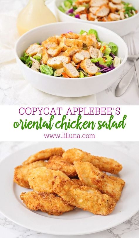 This delicious copycat Applebee's Oriental Chicken Salad is topped with breaded chicken and tossed in a flavorful Asian dressing! #applebeescopycatorientalchickensalad #orientalsalad #applebeescopycat #salad #easysalads Orientalist Chicken Salad, Applebees Orientalist Chicken Salad, Chinese Chicken Salad Dressing, Chicken Salad Dressing, Asian Salad Recipe, Chinese Chicken Salad Recipe, Asian Dressing, Easy Dinner Recipes Crockpot, Filling Dinner