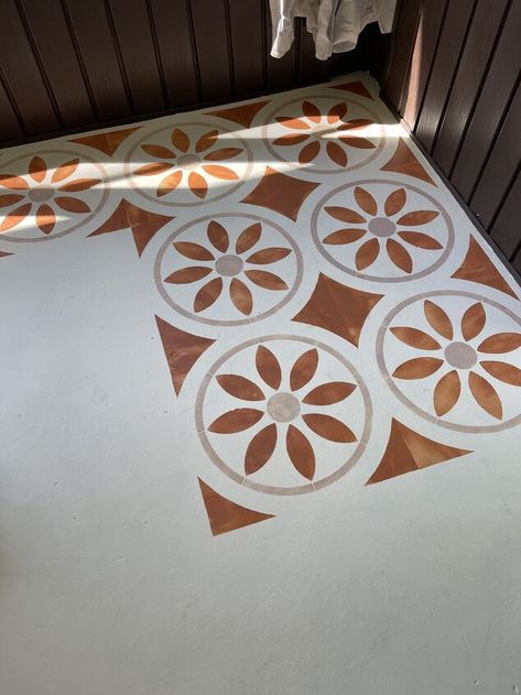 Cover Floor Tiles, Stenciled Front Porch, Painted Concrete Porch Ideas, Concrete Stencil Outdoor, Painted Concrete Patio, Painted Concrete Floor, Stenciled Concrete, Stenciled Concrete Floor, Painted Porch Floors