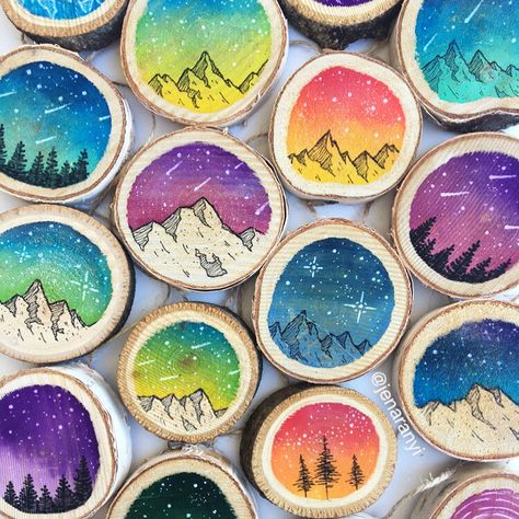 Jen Aranyi on Instagram: “Update: SOLD OUT! It’s time to celebrate because...Ornament restock is here! Grab them now in my shop, there are 19 to choose from (and…” Wood Slice Magnets, Handpainted Christmas Ornaments, Painted Ornament, Wood Slice Art, Wood Slice Crafts, Space Painting, Wood Burning Crafts, Wood Slice Ornament, Wood Burning Art