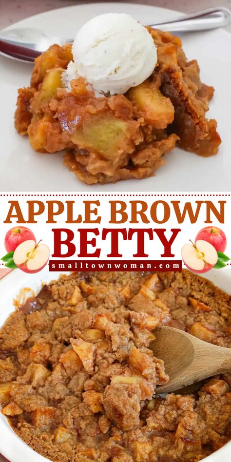 Bake to perfection with this fall food recipe! This Apple Brown Betty recipe features crisp tender slices of apple topped with sweet buttery cinnamon, nutmeg, and clove topping. Served warm and topped with a scoop of vanilla ice cream, and this could be your simple Thanksgiving dessert!! Cinnamon Apple Crisp Recipe, Brown Betty Dessert, Grated Apple Recipes, Deep Dish Apple Crisp, Fresh Apple Recipes Easy 3 Ingredients, Apple Dessert Recipes Easy Simple, Quick Apple Desserts Simple, Warm Apple Desserts, Easy Apple Desserts With Fresh Apples