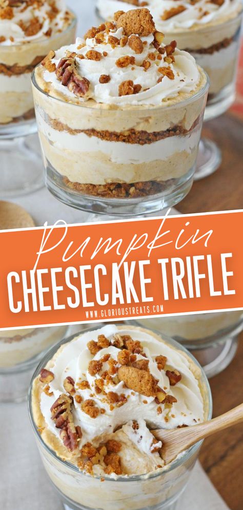 Mini Pumpkin Trifles, Paula Deen Thanksgiving Desserts, Fall Thanksgiving Dessert Ideas, Pumpkin Cake Trifle, Pumpkin Mousse Trifle, Mini Cheesecake Trifle, Pumpkin Trifle Desserts Thanksgiving, Autumn Trifle Desserts, Pumpkin Triffle Recipe