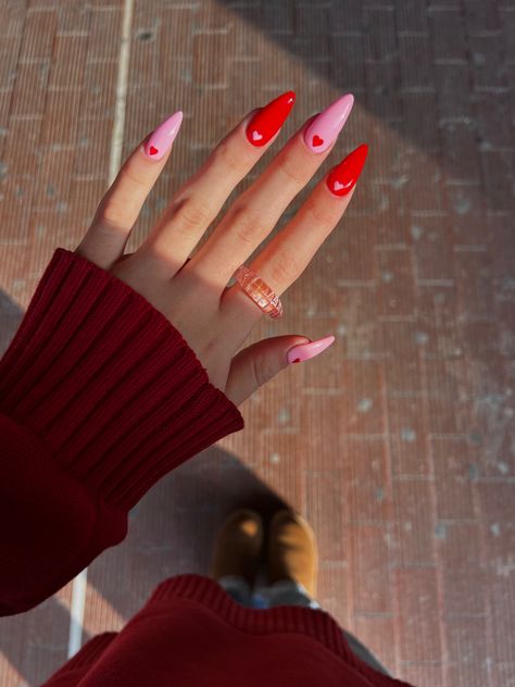 #heart #fashion #manicure #valentines #acrylic #red #pink #aesthetic #ideas Red And Pink Acrylics, Ted And Pink Nails, Red Nails With Hearts Valentines, Nail Art Red And Pink, Valentines 2024 Nails, Red Festival Nails, Pink Red Nail Designs, Red Pink Nails Design, Pink And Red Nails Acrylic