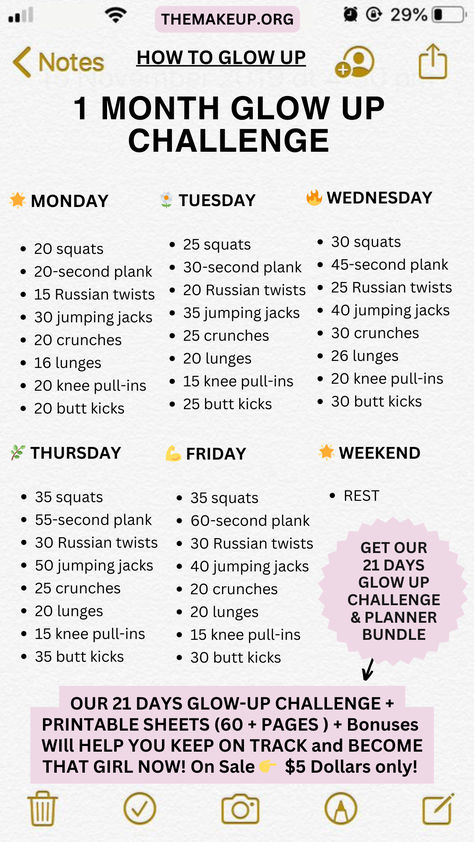 How to glow up: 21 DAYS GLOW-UP CHALLENGE + PRINTABLE SHEETS (60 + PAGES ) + Bonuses Glow Up Planner, Teen Workout Plan, Glow Up Challenge, Victoria Secret Workout, Workouts For Teens, 5 Dollars, Daily Exercise Routines, The Glow Up, Day Glow