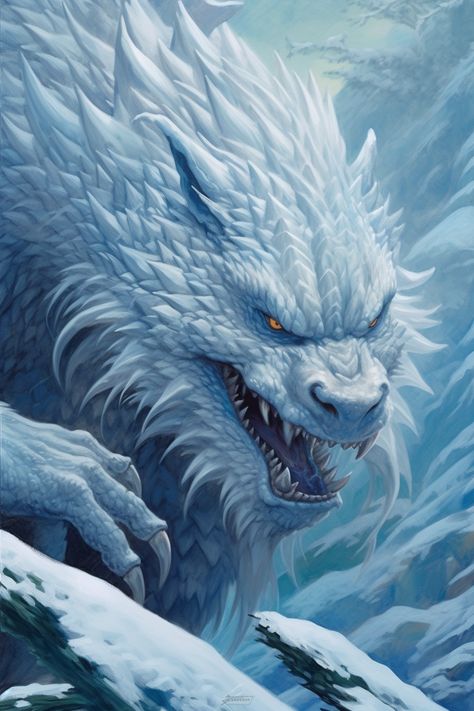 Icy tundra creature, part beast, part dragon Ice Creature Fantasy Art, Ice Titan, Beast Reference, Winter Dragon, Goku 2, Snow Dragon, Snow Animals, Hybrid Art, Ancient Dragon