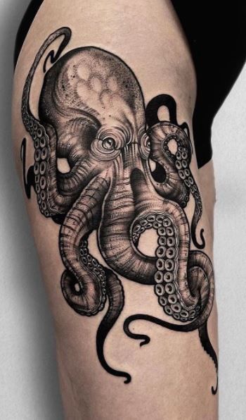 Octopus Tattoos Neotraditional, Realistic Octopus Tattoo Design, Gothic Octopus Tattoo, Kracken Tattoo Design, Scary Octopus Tattoo, Octopus Couples Tattoo, Black And Gray Octopus Tattoo, Cool Octopus Tattoos, Octopus Tattoos Design