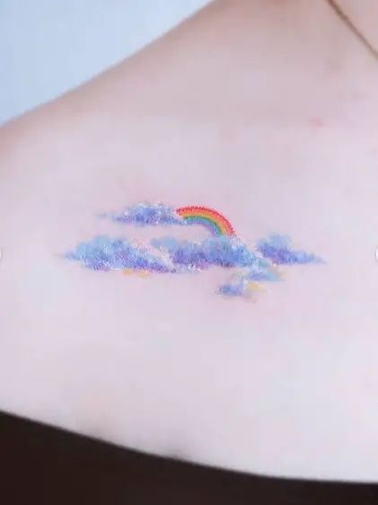 Rainbow Letters Tattoo, Realistic Rainbow Tattoo, Butterfly Rainbow Tattoo, Pastel Rainbow Tattoo, Rainbow With Clouds Tattoo, Rainbow Clouds Tattoo, Cloud Rainbow Tattoo, Heart Bubble Tattoo, Rainbow And Cloud Tattoo