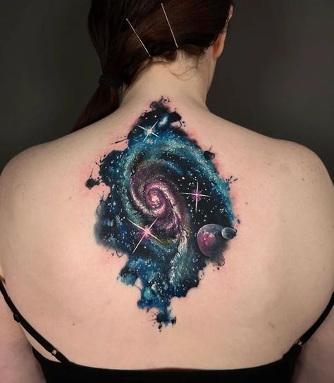 Tattoo Of Universe, Galaxy Tattoo Background, Galaxy Back Tattoo Women, Galaxy Neck Tattoo, Nebula Tattoo Galaxies, Galaxy Chest Tattoo Female, Celestial Tattoo Cover Up, Dark Galaxy Tattoo, Watercolor Tattoo Coverup