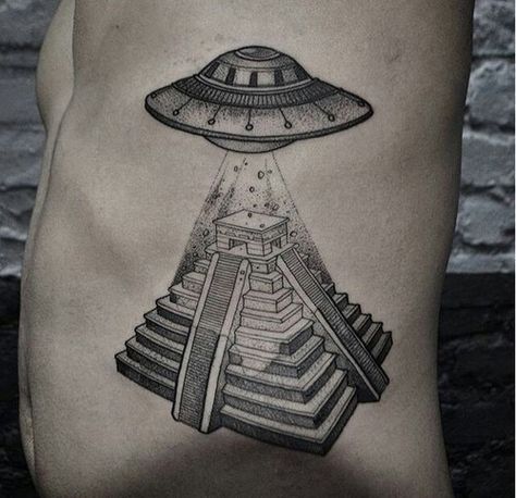 Alien Galaxy, Pyramid Tattoo, Mayan Temple, Temple Tattoo, Ufo Tattoo, Mayan Tattoos, Aztec Tattoo Designs, Aztec Tattoo, Alien Tattoo