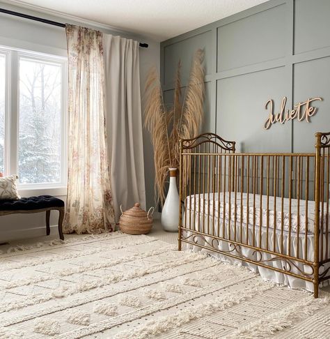 Green Nursery Gold Crib, Vintage Gold Crib Nursery, Gold Crib Nursery Ideas, Vintage Glam Nursery, Green Gold Nursery, Gold Crib Nursery Girl, Nursery With Gold Crib, Nursery Gold Crib, Green And Gold Nursery