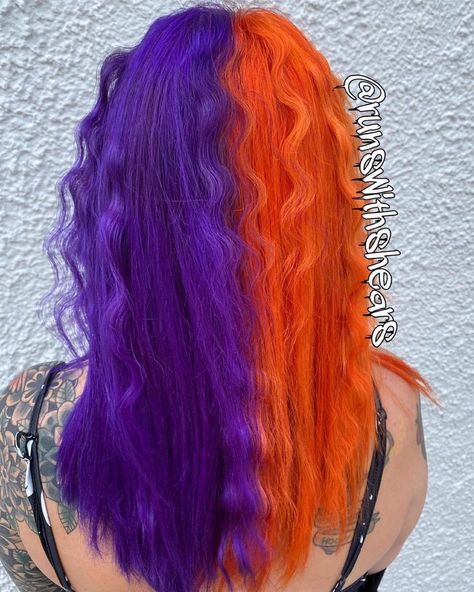 Stunning Orchid + Solar Flare blend Split by @runswithshears - Try our Brights collection for highly pigmented vibrant shades #orangehair #purplehair #hairdye #hair #splithair #lunartides Purple And Orange Hair, Halloween Hair Dye, Halloween Hair Color Ideas, Halloween Hair Color, Dramatic Hair Colors, Split Dye, Future Aesthetic, Split Dyed Hair, Inner Witch