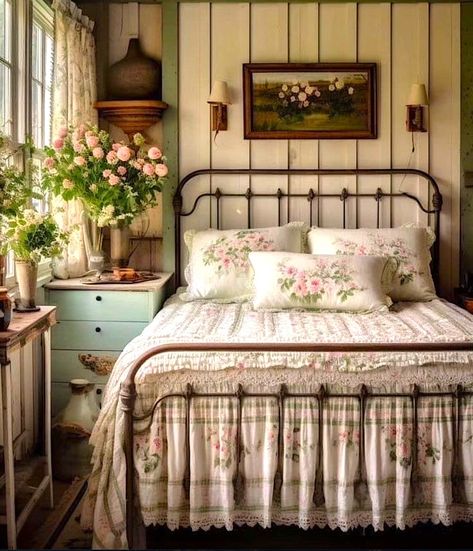 The predominant floral theme in this room, is elevated and aided with the use on iron bed frame. It's also a great example of how a simpler… | Instagram Metal Victorian Bed, Wesley Allen Iron Bed, French Country Bedrooms Beds & Bed Frames, Antique Metal Bed Frill Bedding, Wrot Iron Bed Frame, Antique Iron Beds, Iron Bed Frame, Shabby Chic Room, Park Models