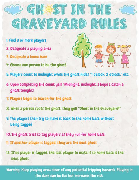 A ghost in the graveyard rules poster. #KidsGames #KidActivities #OutdoorGames #FunGames Ghost In The Graveyard Game, Ghost In Graveyard, Joey Scouts, Ghost In The Graveyard, August Activities, What Is Ghosting, Imaginary Creatures, Hosting Parties, Rules Poster