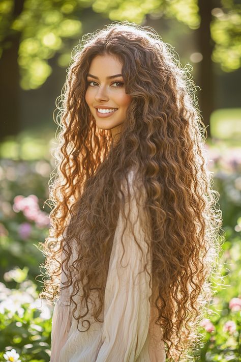 Embrace the beauty of your locks with this stunning long hair look featuring gorgeous curly hairstyles. Loose, defined curls cascade down your back, adding volume and movement to your hair. Perfect for a romantic date night or a casual outing, this style is versatile and eye-catching. Transform your long hair into a stunning masterpiece and let your curls take center stage! #curlyhairstyles #longhair #hairinspiration Long Curly Hairstyles Elegant, Naturally Long Curly Hair, Goddess Curly Hair, Curly Long Wedding Hair, Wild Curly Hair Aesthetic, Natural Curly Long Hair, Long Curly Hair Middle Part, Layers For Long Curly Hair, Curly Hair Down Hairstyles