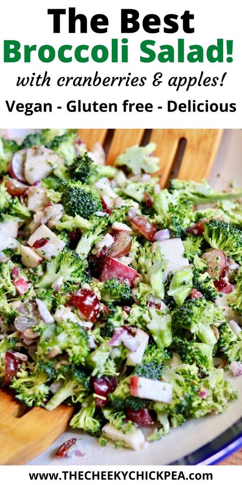 broccoli salad mixed in a bowl with creamy dressing Potluck Dishes Vegan, Veggie Dish For Potluck, Gf Df Potluck Ideas, Vegan Thanksgiving Salad Recipes, Vegan Apple Salad, Easy Vegan Side Dishes For Potluck, Plant Based Potluck Recipes, Vegetarian Recipes For Potluck, Vegan Salads For A Crowd