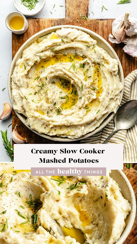 Slow Cooker Mashed Potatoes! These creamy potatoes are filled with garlic flavor and perfectly creamy, delicious, and so easy to make! Crockpot Cream Potatoes, Overnight Mashed Potatoes Crock Pot, Slow Cooker Mashed Potatoes Thanksgiving, Crockpot Garlic Mashed Potatoes, Mashed Potatoes Recipe Crock Pot, Slow Cooker Thanksgiving Sides, Crockpot Mashed Potatoes Recipes, Crockpot Mashed Potatoes Easy, Mashed Potatoes In Crockpot