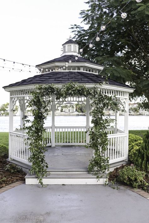 Gazebo Decorating Ideas Wedding, Gazebo Proposal Ideas, White Gazebo Wedding, Wedding Gazebo Decorations Outdoor, Wedding Gazebo Decorations, Gazebo Wedding Decorations, Greenery Arch, Gazebo Decor, White Gazebo