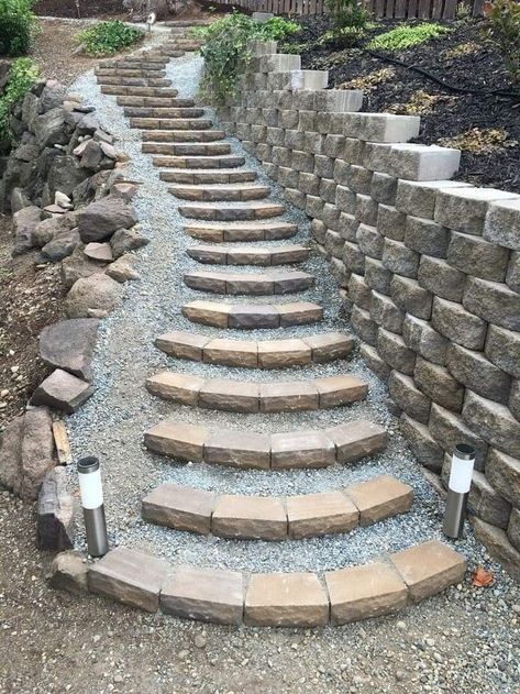 Walkways Down A Slope, Stairs Outdoor Landscape, Hillside Erosion Control Retaining Walls, Block Stairs Outdoor, Hillside Walkway Ideas, Backyard Steps Ideas, Backyard Stairs On A Slope, Build Steps Into Hillside, Stairs In Hillside